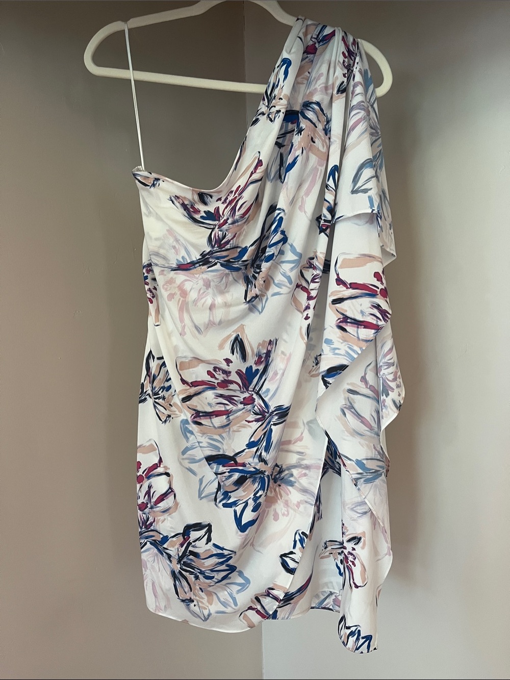 Badgley Mischka One-Shoulder White Dress with Blue & Pink Floral Brushstrokes